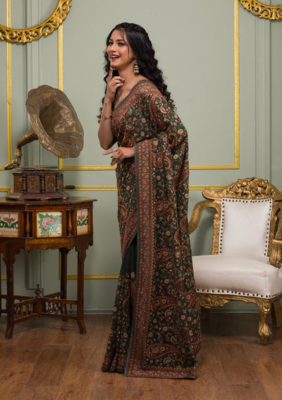 Mehendi Threadwork Georgette Saree-Koskii