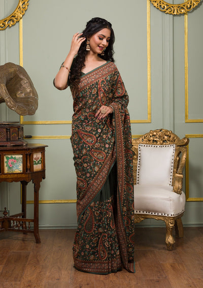 Mehendi Threadwork Georgette Saree-Koskii