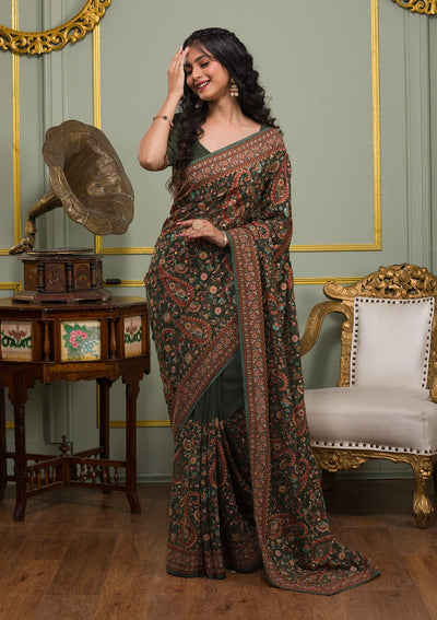 Mehendi Threadwork Georgette Saree-Koskii
