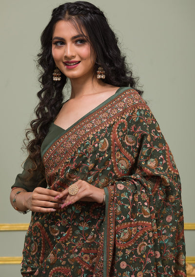 Mehendi Threadwork Georgette Saree-Koskii