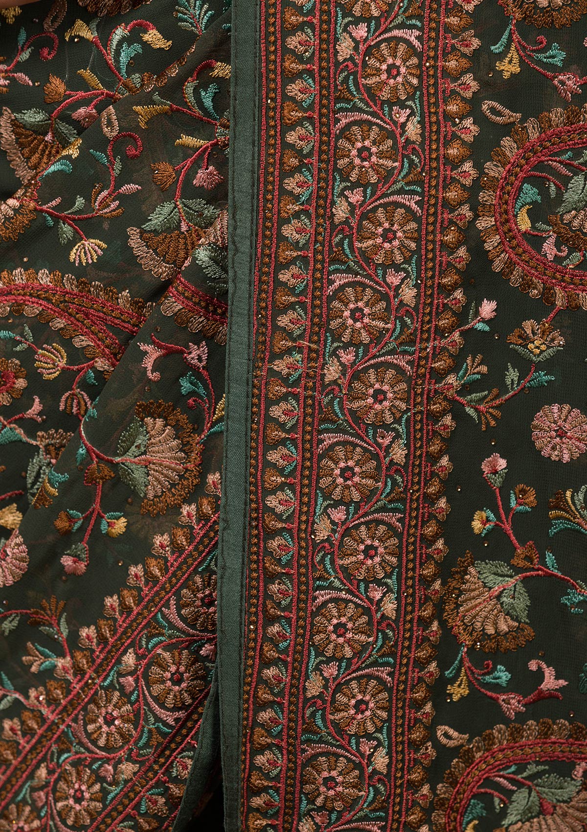 Mehendi Threadwork Georgette Saree-Koskii