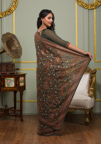 Mehendi Threadwork Georgette Saree-Koskii