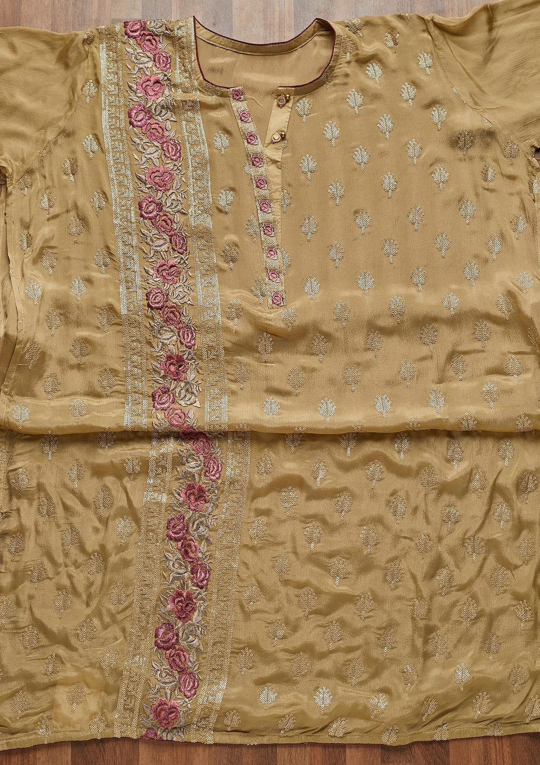 Mehendi Threadwork Semi Crepe Unstitched Salwar Suit - Koskii