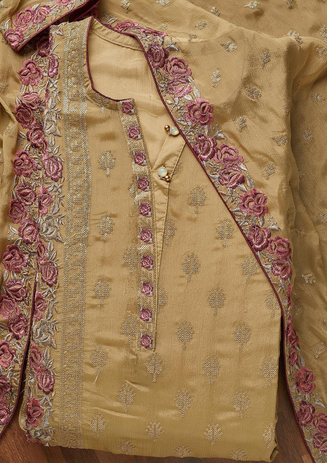Mehendi Threadwork Semi Crepe Unstitched Salwar Suit - Koskii