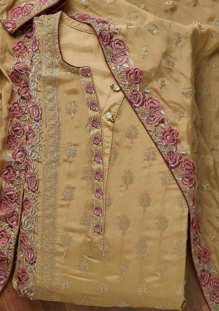Mehendi Threadwork Semi Crepe Unstitched Salwar Suit - Koskii