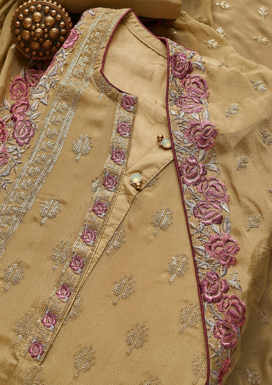 Mehendi Threadwork Semi Crepe Unstitched Salwar Suit - Koskii