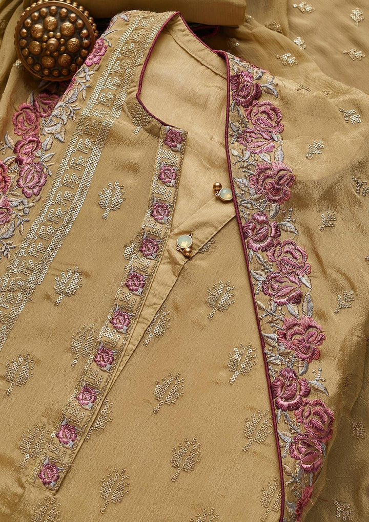 Mehendi Threadwork Semi Crepe Unstitched Salwar Suit - Koskii