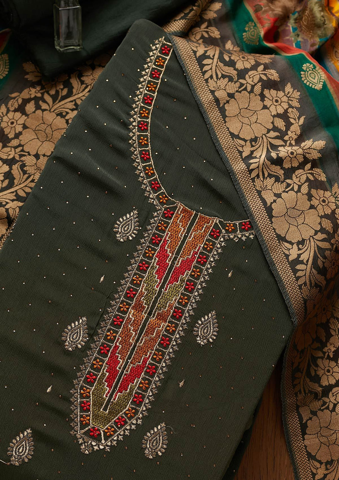 Mehendi Threadwork Semi Crepe Designer Unstitched Salwar Suit - koskii