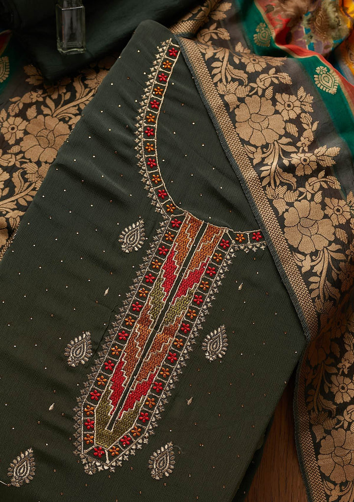Mehendi Threadwork Semi Crepe Designer Unstitched Salwar Suit - koskii