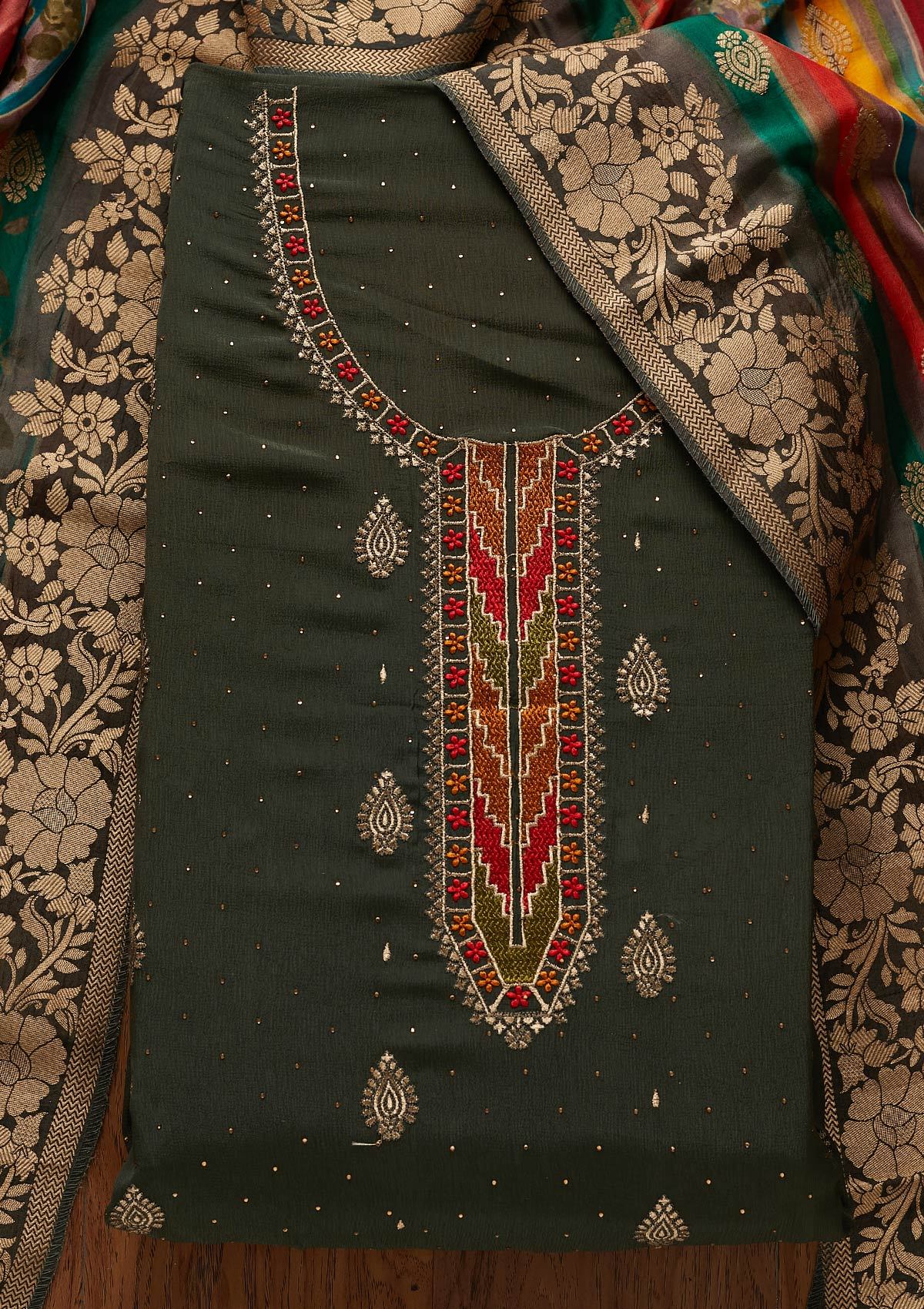 Mehendi Threadwork Semi Crepe Designer Unstitched Salwar Suit - koskii