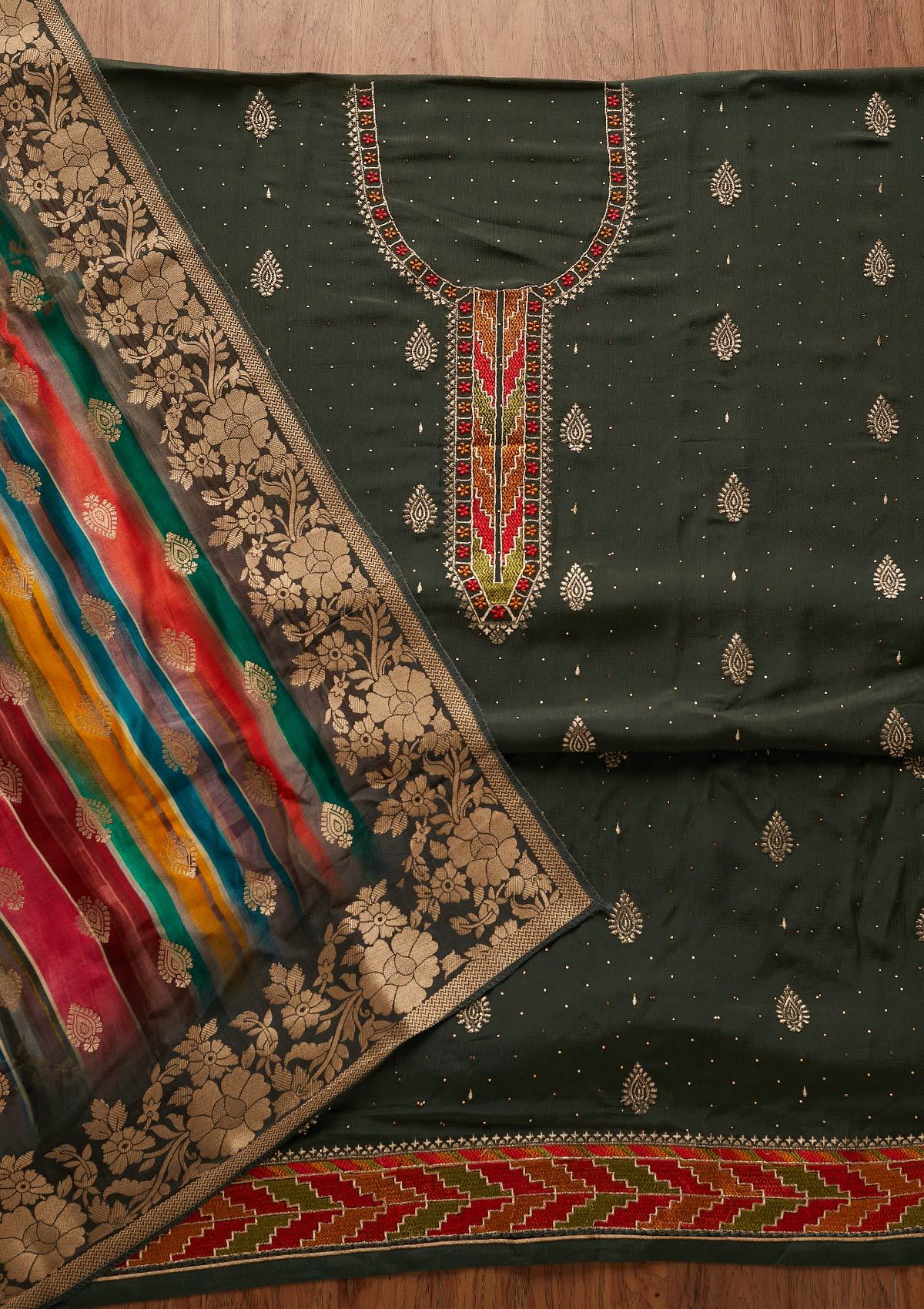 Mehendi Threadwork Semi Crepe Designer Unstitched Salwar Suit - koskii
