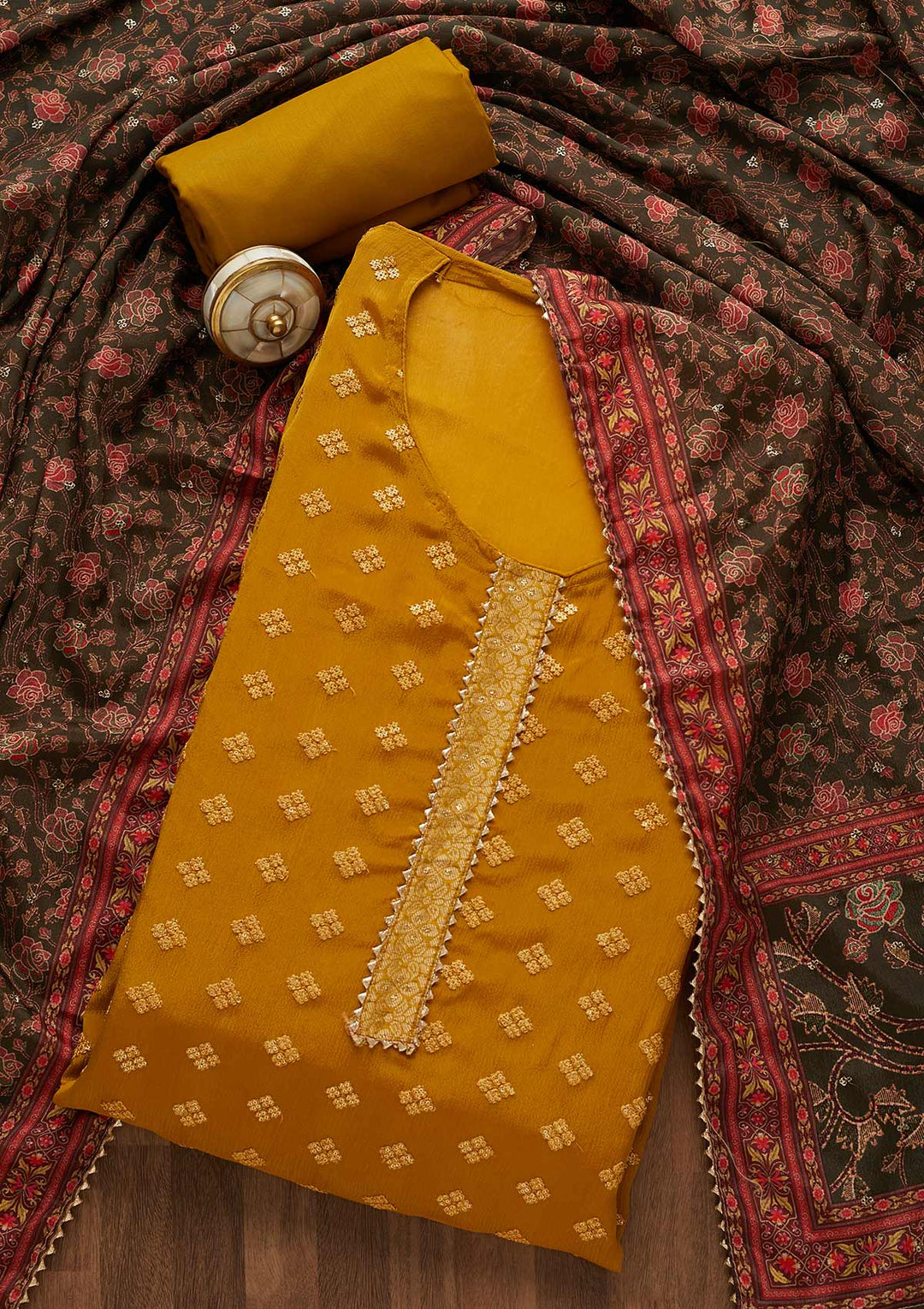 Mehendi Threadwork Semi Crepe Unstitched Salwar Suit-Koskii