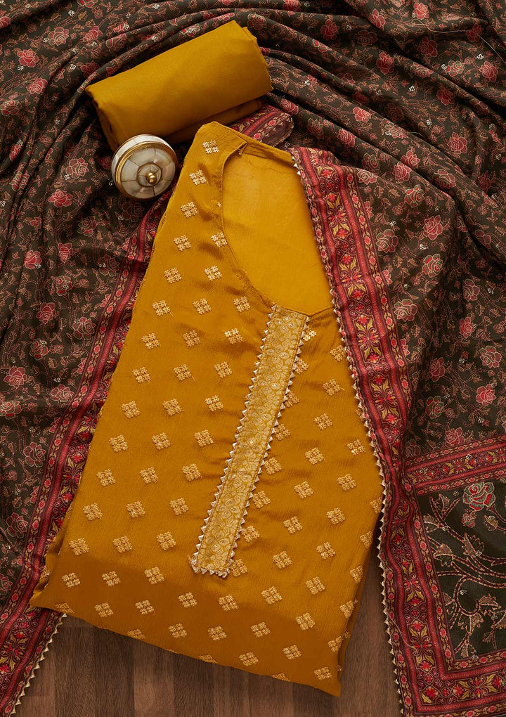 Mehendi Threadwork Semi Crepe Unstitched Salwar Suit-Koskii