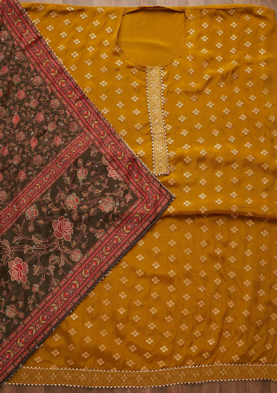 Mehendi Threadwork Semi Crepe Unstitched Salwar Suit-Koskii