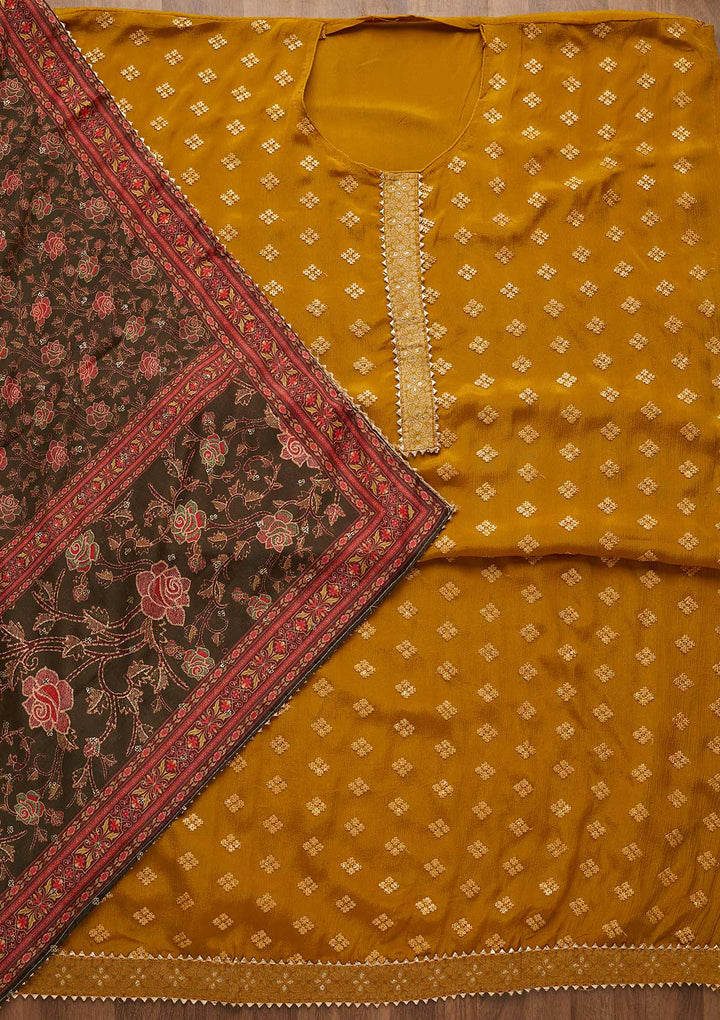 Mehendi Threadwork Semi Crepe Unstitched Salwar Suit-Koskii