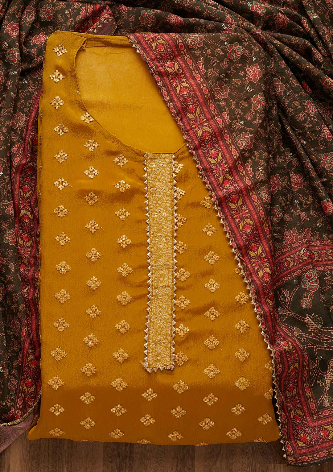 Mehendi Threadwork Semi Crepe Unstitched Salwar Suit-Koskii