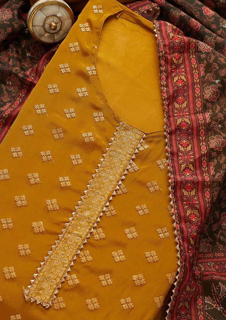 Mehendi Threadwork Semi Crepe Unstitched Salwar Suit-Koskii