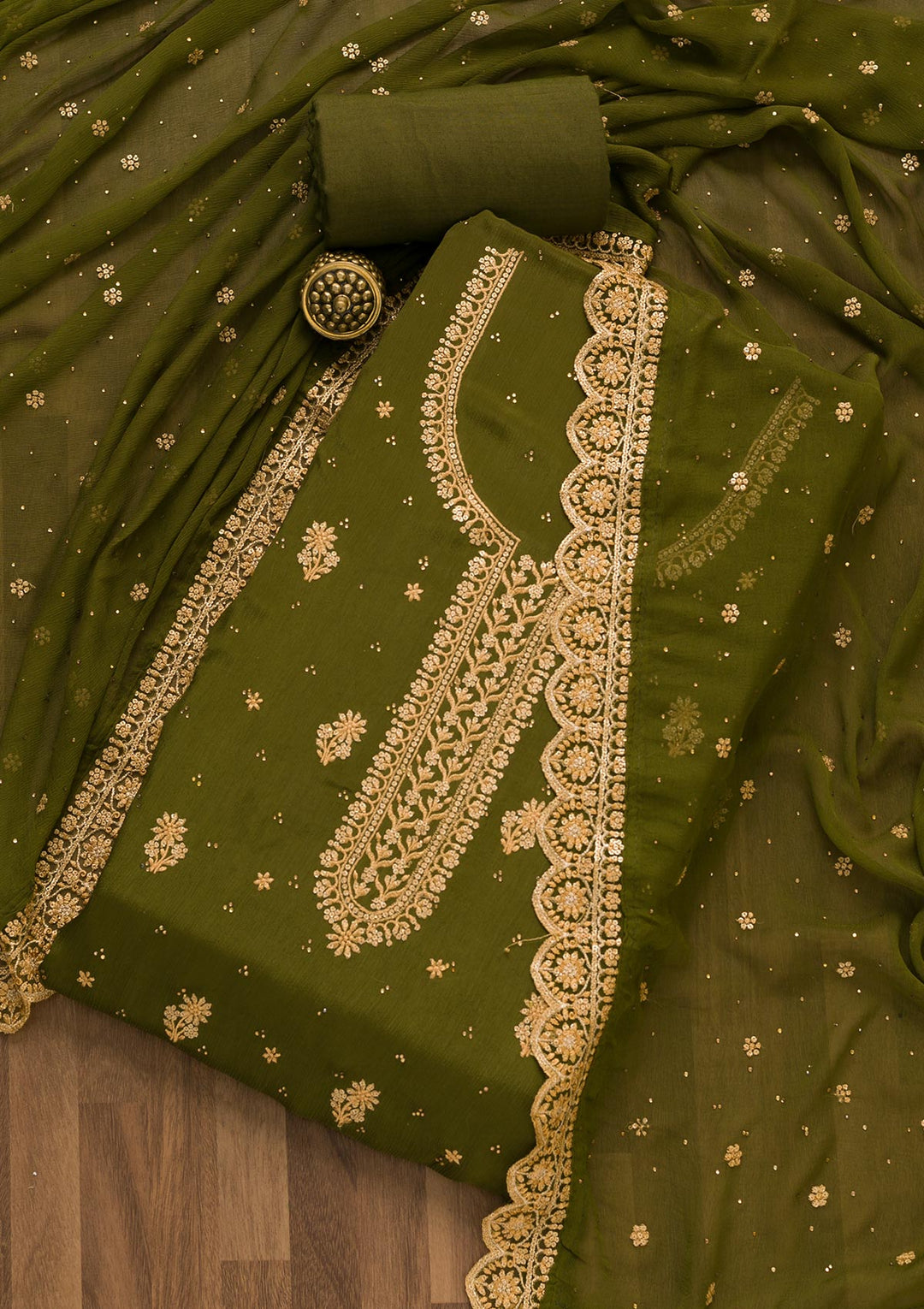 Mehendi Threadwork Semi Crepe Unstitched Salwar Kameez-Koskii