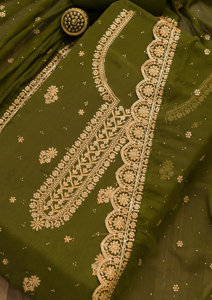 Mehendi Threadwork Semi Crepe Unstitched Salwar Kameez-Koskii