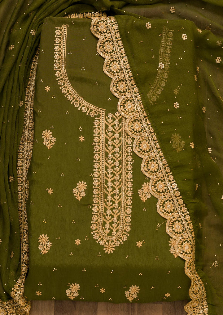 Mehendi Threadwork Semi Crepe Unstitched Salwar Kameez-Koskii