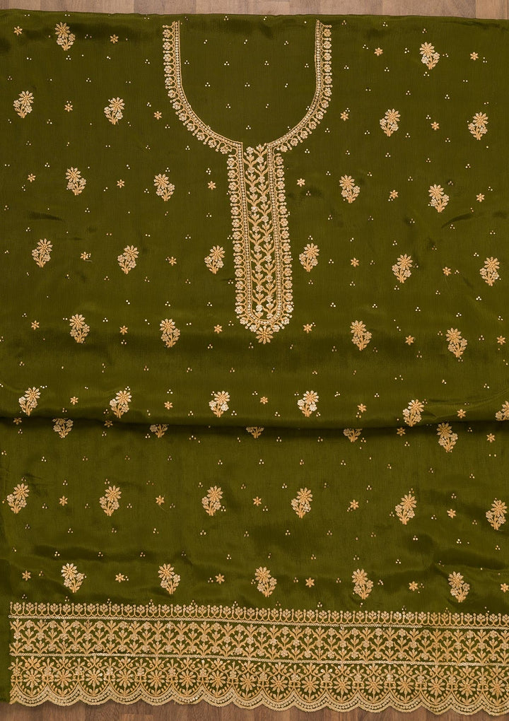 Mehendi Threadwork Semi Crepe Unstitched Salwar Kameez-Koskii