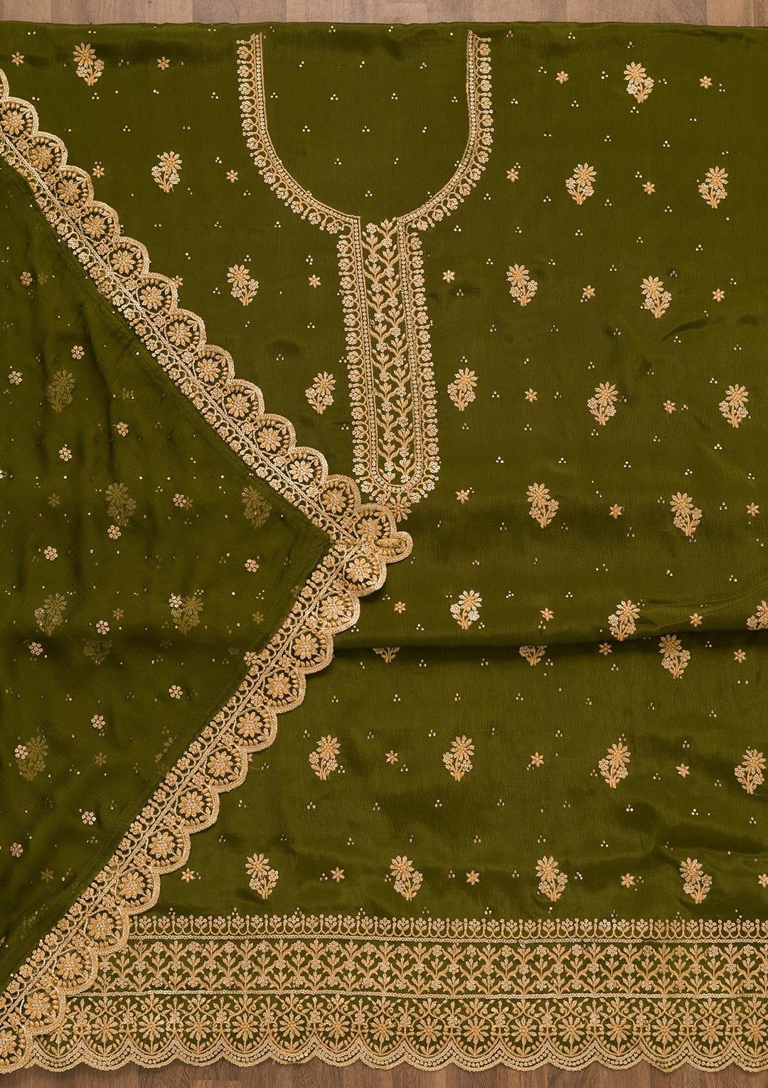 Mehendi Threadwork Semi Crepe Unstitched Salwar Kameez-Koskii
