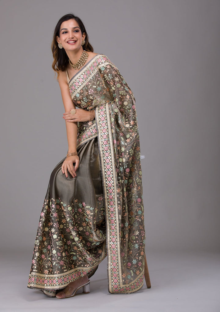 Mehendi Threadwork Shimmer Saree-Koskii