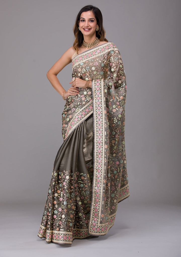 Mehendi Threadwork Shimmer Saree-Koskii