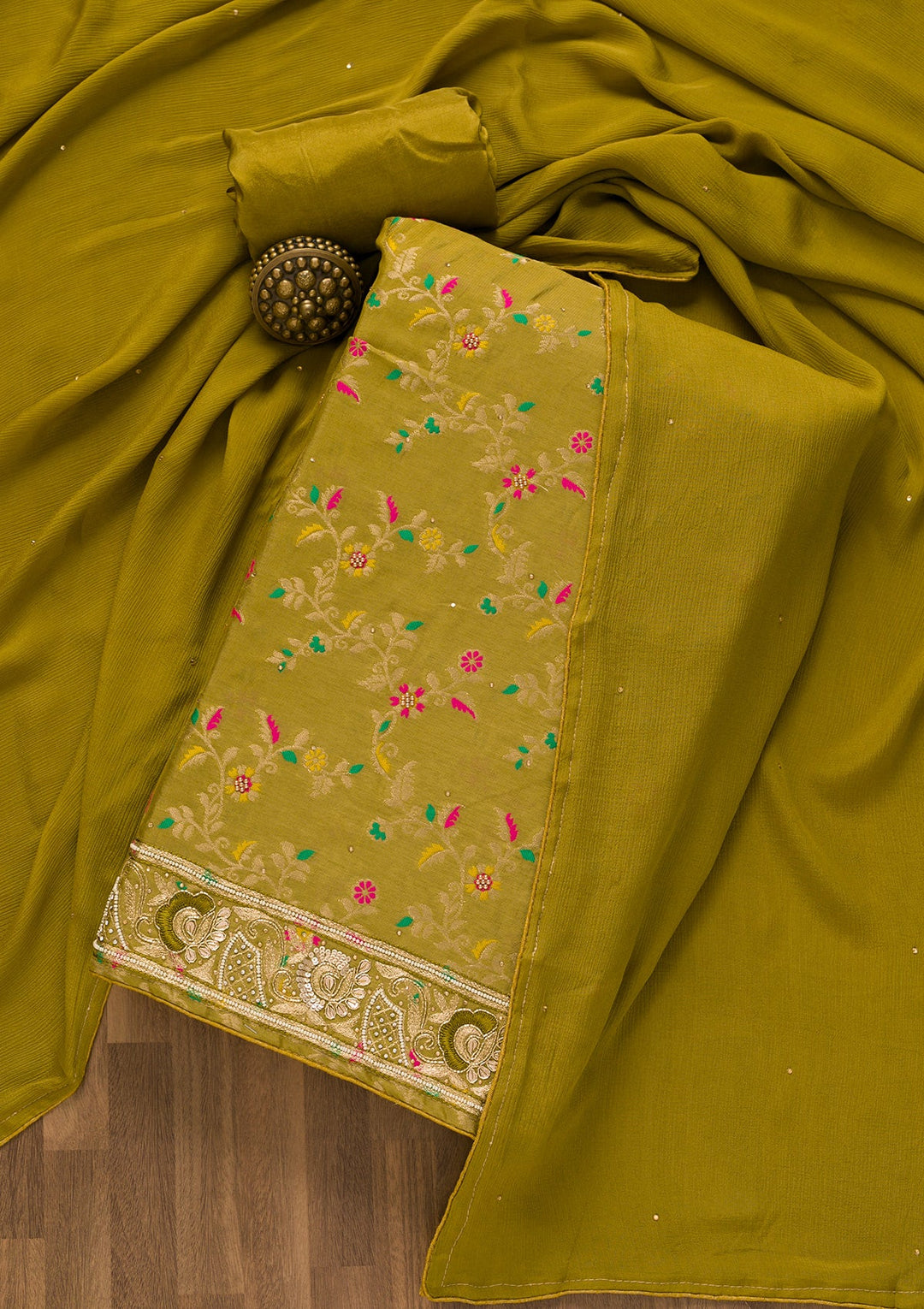 Mehendi Printed Brocade Unstitched Salwar Kameez-Koskii