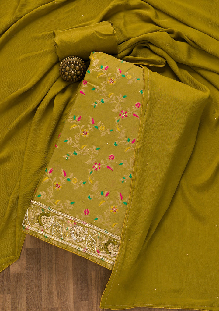 Mehendi Printed Brocade Unstitched Salwar Kameez-Koskii
