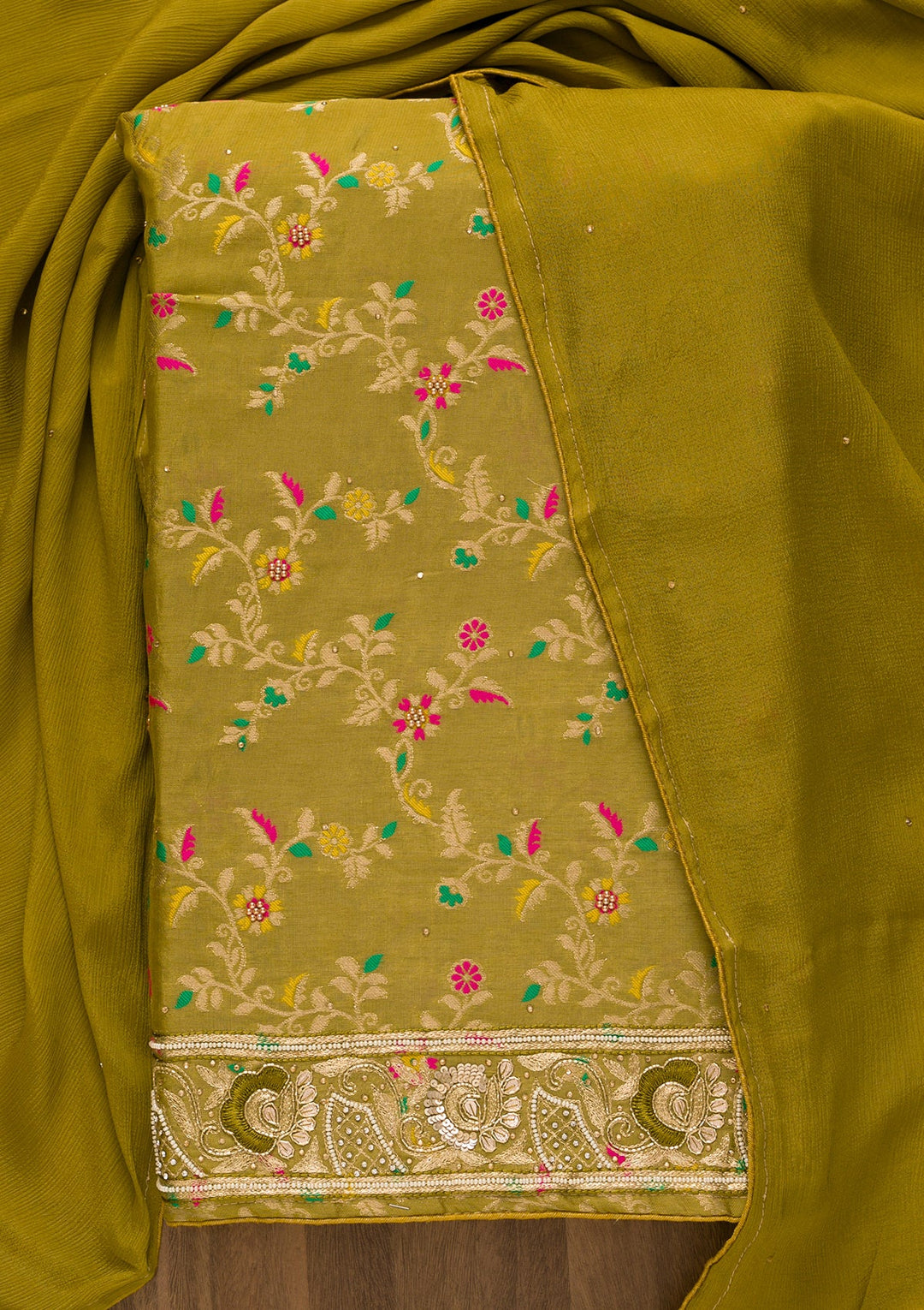 Mehendi Printed Brocade Unstitched Salwar Kameez-Koskii