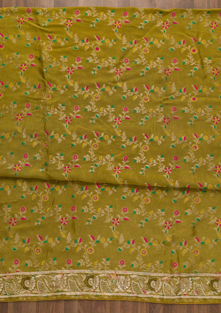 Mehendi Printed Brocade Unstitched Salwar Kameez-Koskii