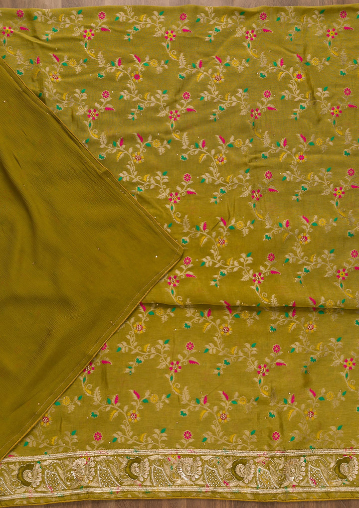 Mehendi Printed Brocade Unstitched Salwar Kameez-Koskii