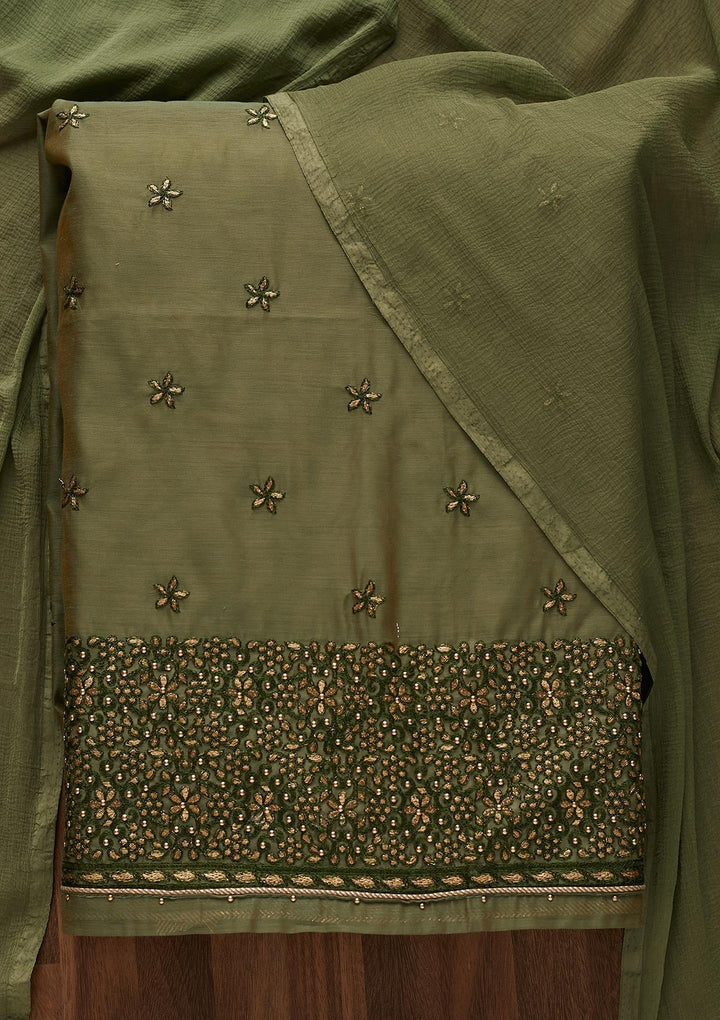 Mehendi Zariwork Chanderi Designer Unstitched Salwar Suit - Koskii