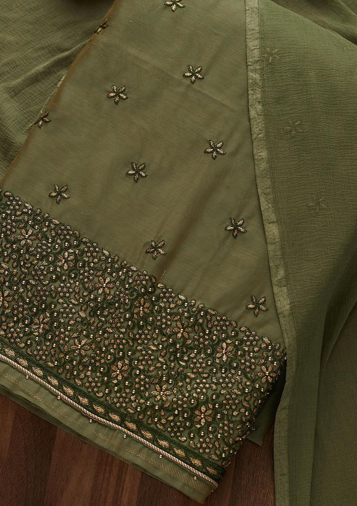 Mehendi Zariwork Chanderi Designer Unstitched Salwar Suit - Koskii