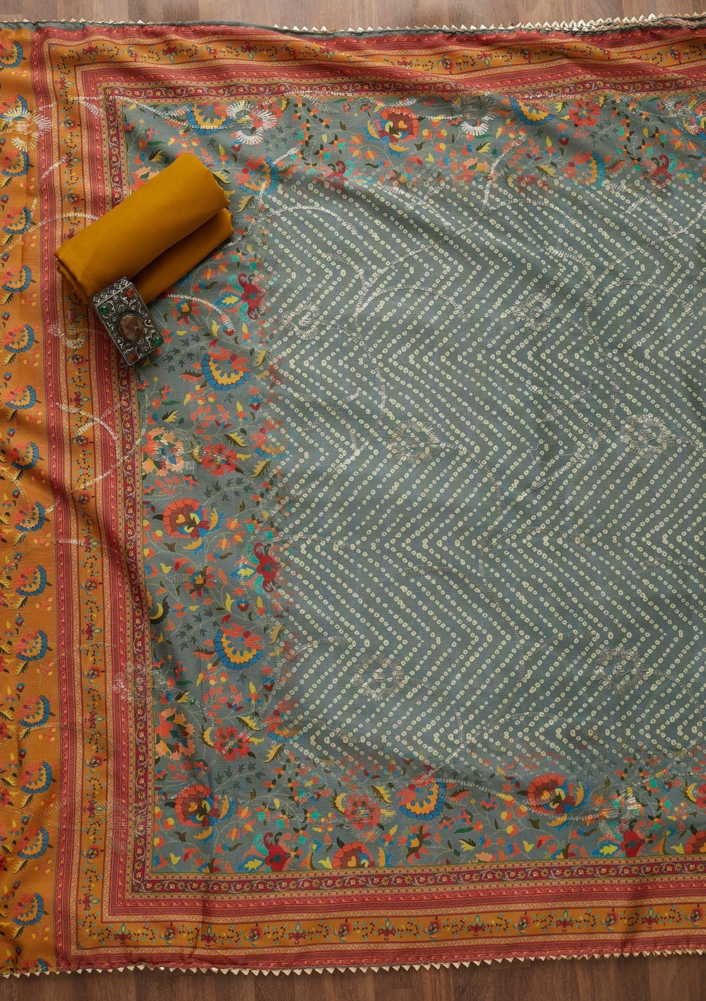 Mehendi Zariwork Chanderi Unstitched Salwar Suit-Koskii