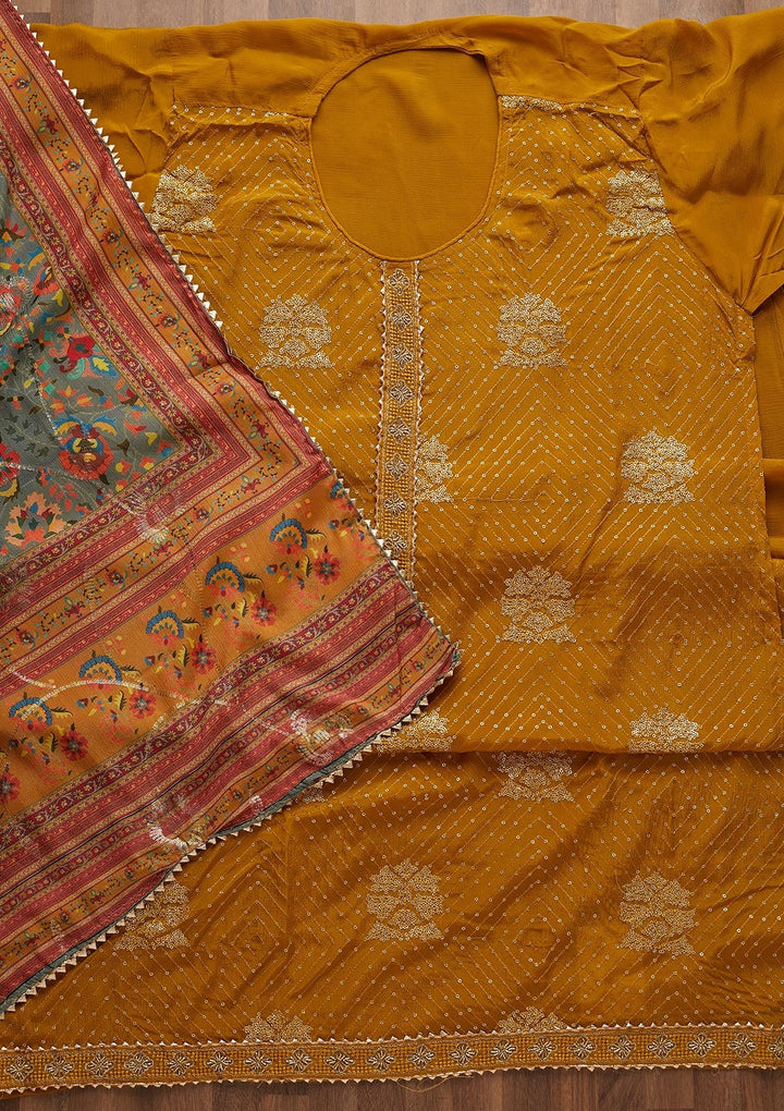 Mehendi Zariwork Chanderi Unstitched Salwar Suit-Koskii