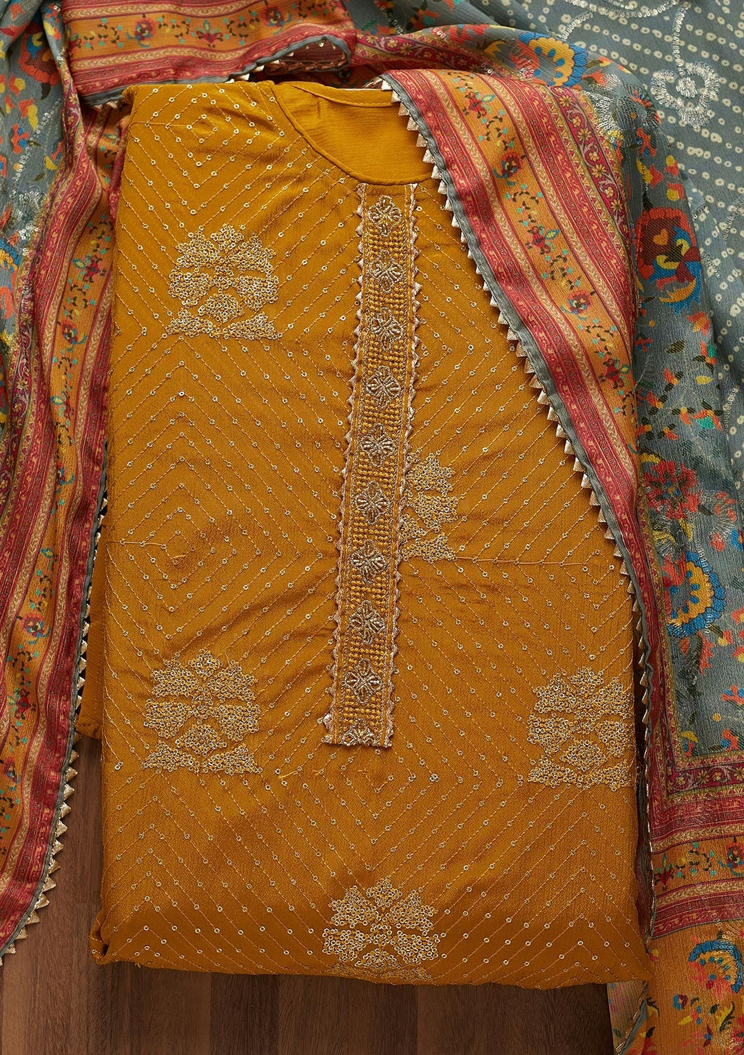Mehendi Zariwork Chanderi Unstitched Salwar Suit-Koskii