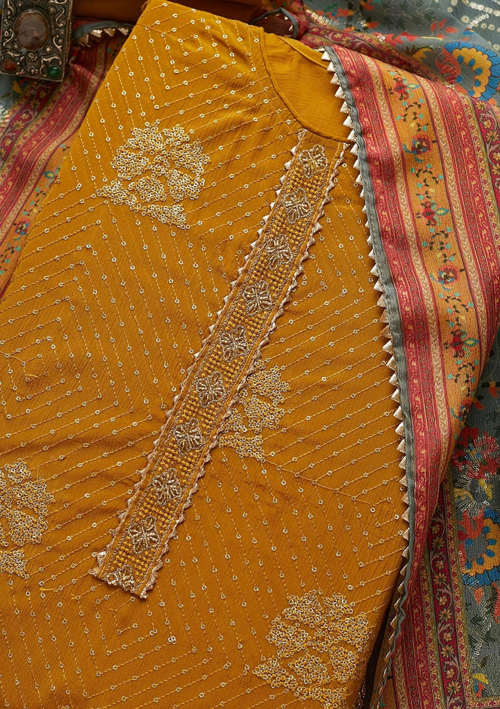 Mehendi Zariwork Chanderi Unstitched Salwar Suit-Koskii