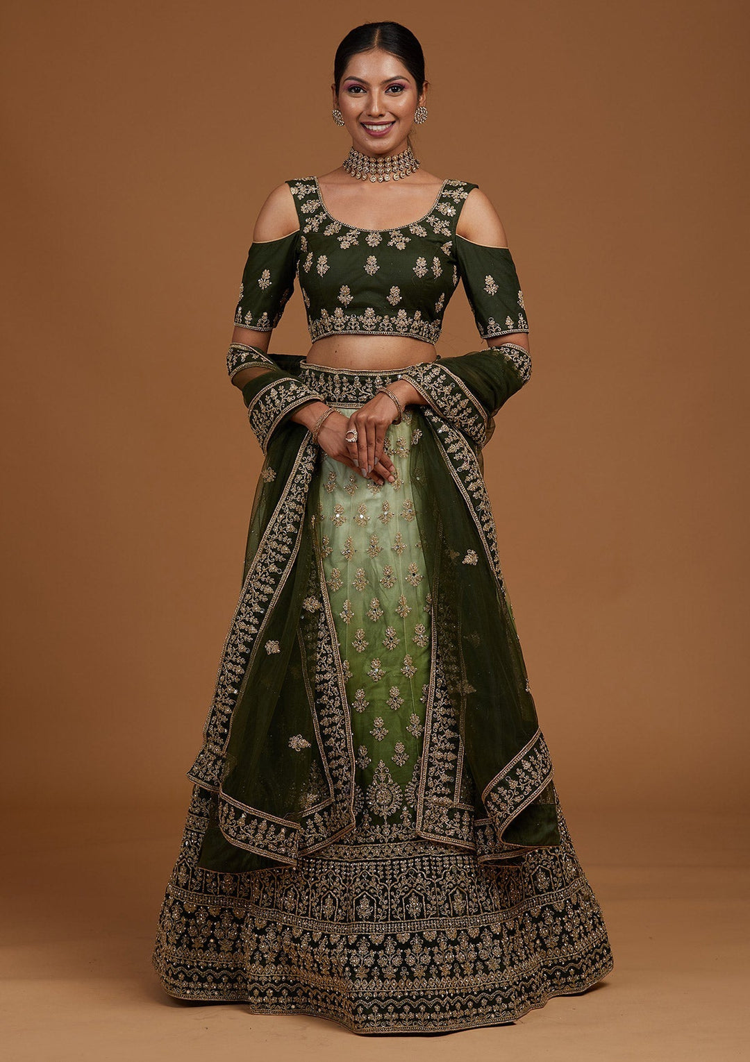 Mehendi Zariwork Net Designer Lehenga-Koskii