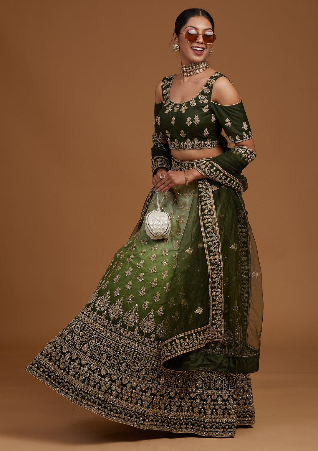 Mehendi Zariwork Net Designer Lehenga-Koskii