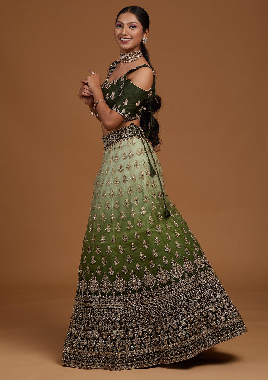 Mehendi Zariwork Net Designer Lehenga-Koskii