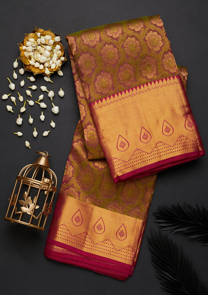 Mehendi Zariwork Pure Silk Designer Saree - Koskii