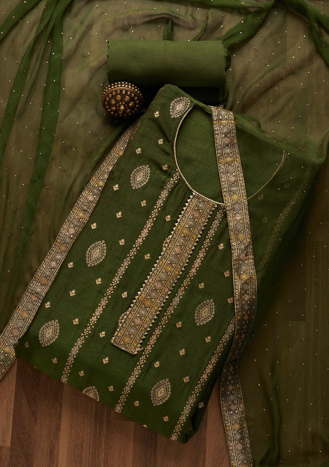Mehendi Zariwork Semi Crepe Semi-Stitched Salwar Suit-Koskii