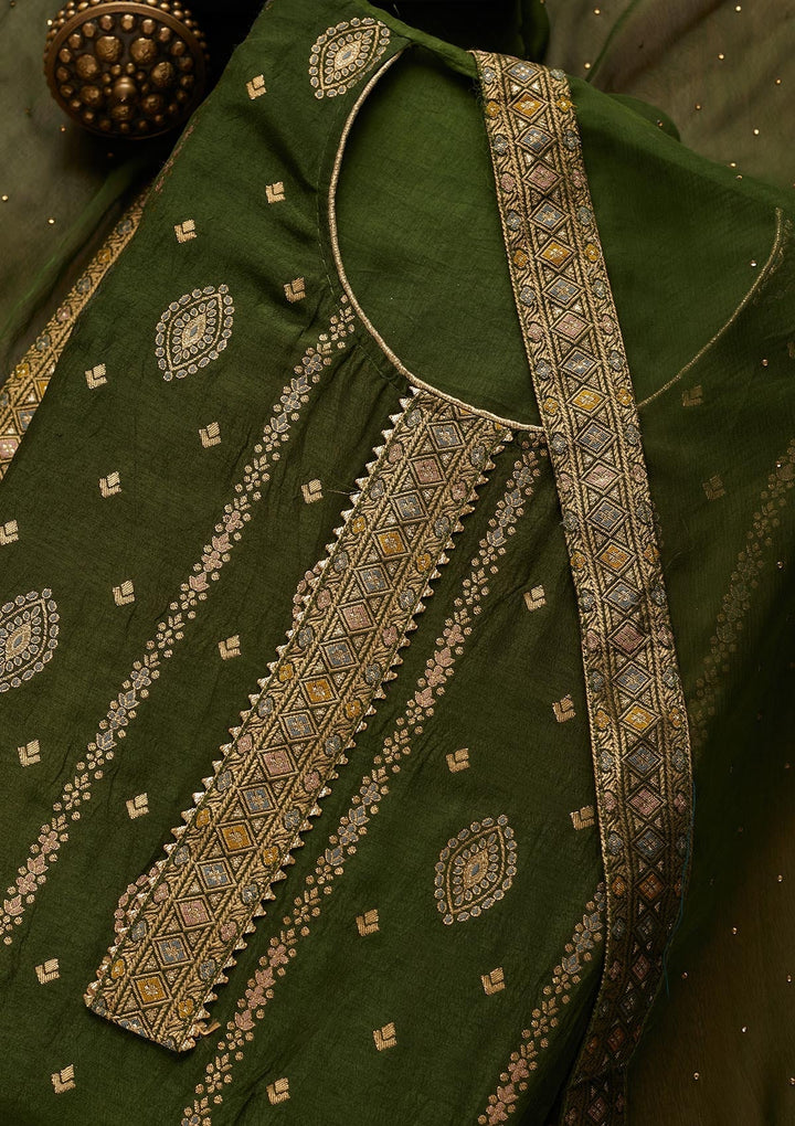 Mehendi Zariwork Semi Crepe Semi-Stitched Salwar Suit-Koskii