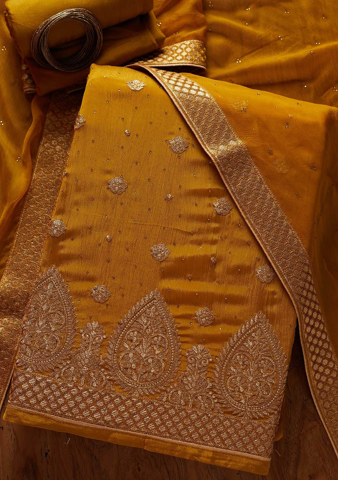 Mehendi Zariwork Semi Crepe Designer Unstitched Salwar Suit - koskii