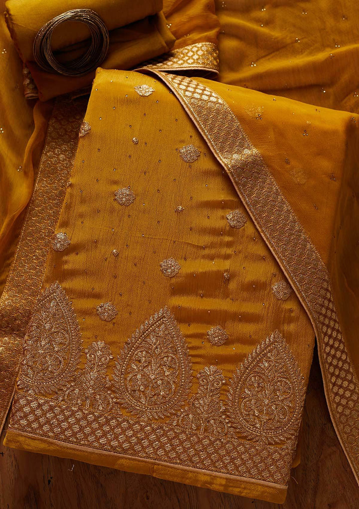 Mehendi Zariwork Semi Crepe Designer Unstitched Salwar Suit - koskii