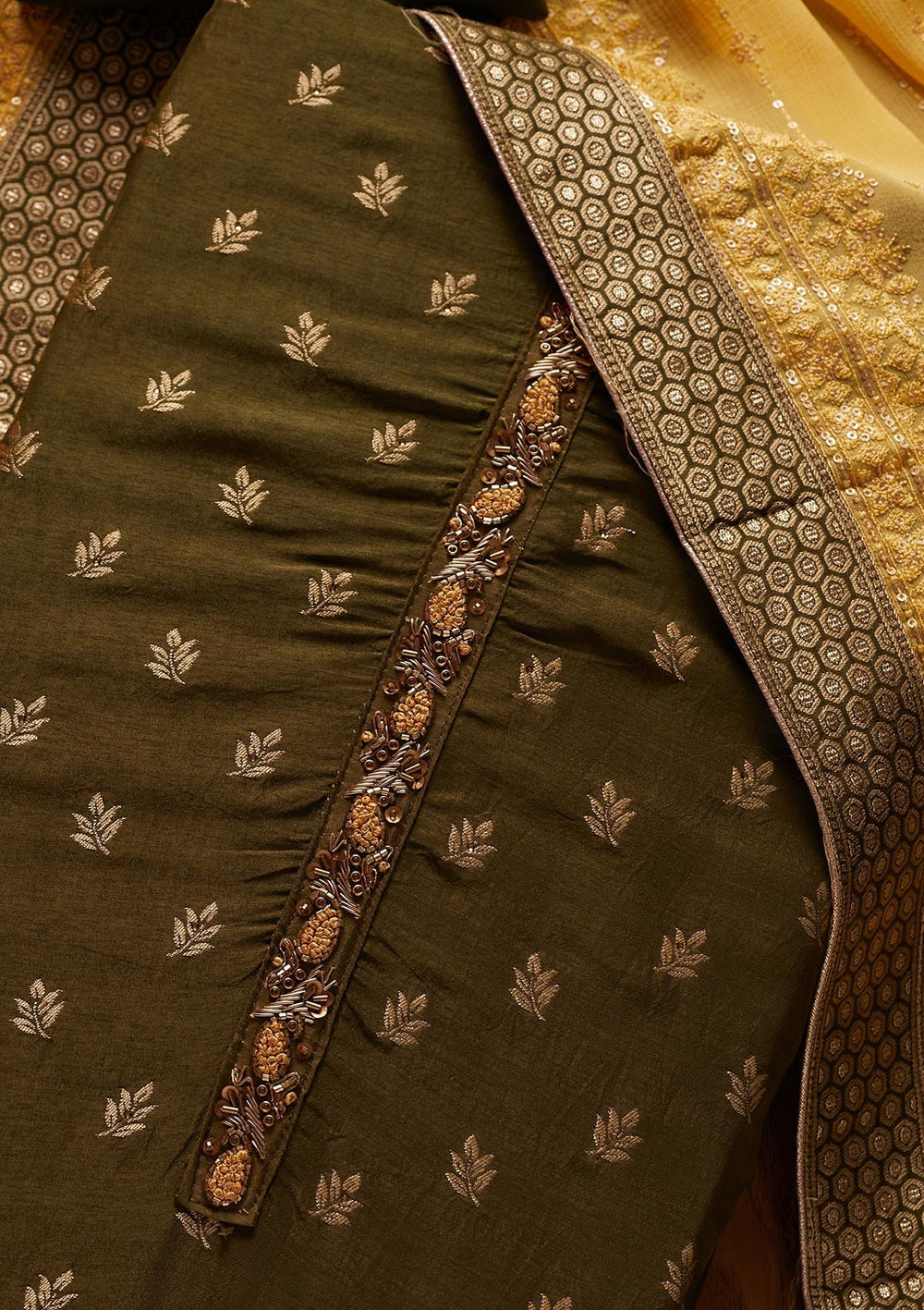 Mehendi Zariwork Semi Crepe Designer Unstitched Salwar Suit - koskii
