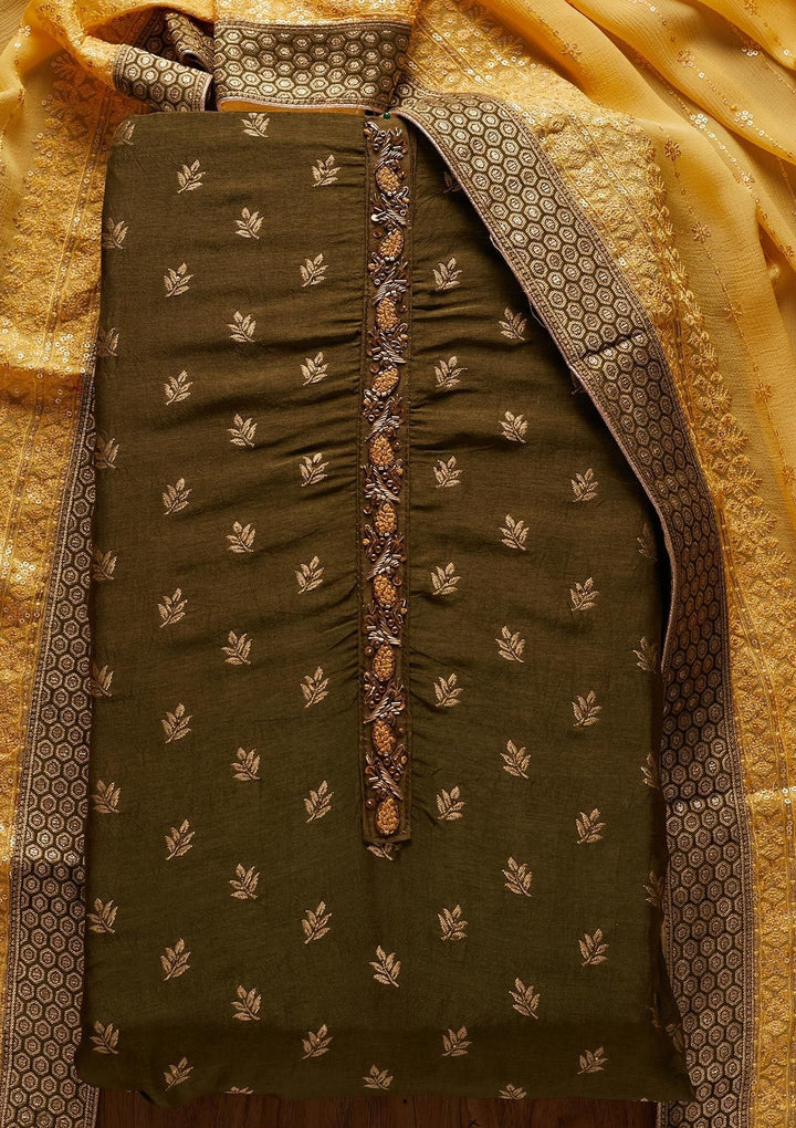 Mehendi Zariwork Semi Crepe Designer Unstitched Salwar Suit - koskii