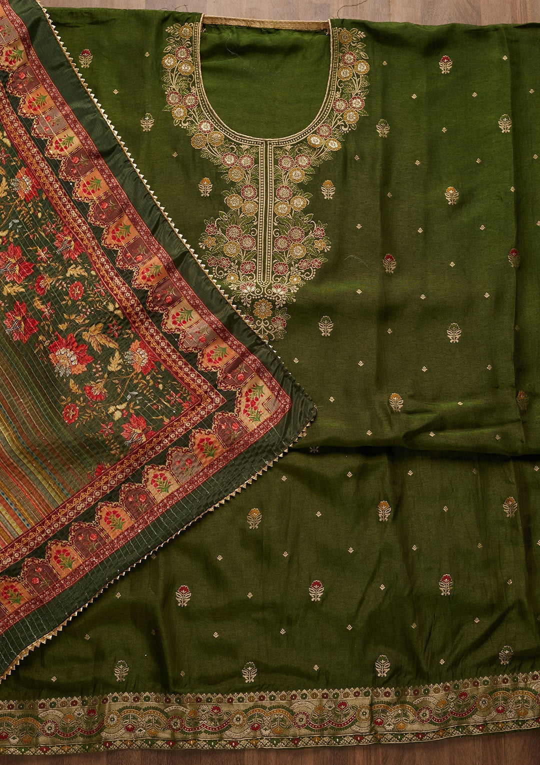 Mehendi Zariwork Semi Crepe Unstitched Salwar Suit-Koskii